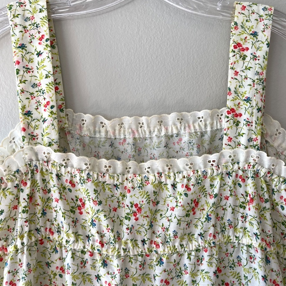 Retro Vtg Sz 8 Floral Tank‎ Pullover Dress Ruffle Neckline Tiered Skirt - Picture 2 of 8